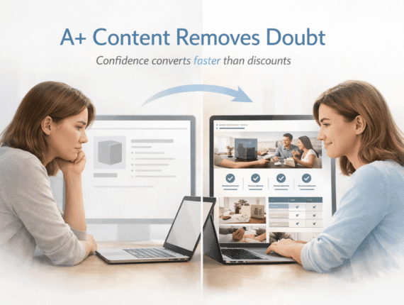 A+ Content reducing buyer doubt on an e-commerce product page by showing visual clarity, comparisons, and trust elements.