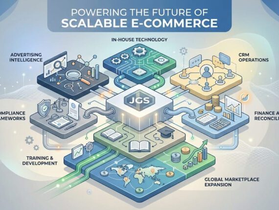 A premium editorial illustration representing the future of scalable e-commerce built on systems, automation, and operational discipline. The visual shows a central, stable core platform symbolising JGS, from which multiple structured layers extend—advertising intelligence, in-house technology, CRM operations, compliance frameworks, finance and reconciliation, training, and global marketplace expansion. These layers are interconnected, precise, and balanced, conveying long-term stability rather than rapid experimentation. The background features a clean but confident gradient using soft blues and professional neutrals, complemented by strategic green accents for growth, subtle orange highlights for performance, and muted yellow tones for optimisation and insight. The colours feel optimistic and mature—not aggressive or flashy. The overall composition feels enterprise-grade and consulting-led, inspired by SaaS architecture and operational frameworks, not marketing visuals. No exaggerated charts, no cluttered metrics, no hype elements. Visual tone: calm, authoritative, future-focused, and trustworthy. Space for headline text: “Powering the Future of Scalable E-Commerce” Style: modern illustration, clean geometry, soft depth, minimal icons, high clarity, professional corporate aesthetic. Quality: Ultra HD, crisp, minimal, suitable for a company positioning blog, LinkedIn thought leadership post, or website hero banner.