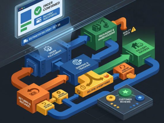 e-commerce operations and reviews workflow showing how delivery, fulfilment, and customer experience impact ratings